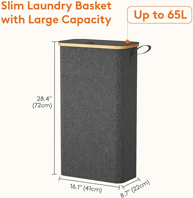 Lifewit 65L Slim Laundry Hamper with Lid, Narrow Laundry Basket with Removable Bag & Bamboo Handles, Fodable Thin Dirty Clothes Hamper for Laundry Collapsible Bin for Bathroom Bedroom Dorm, Dark Gray-NeatNest