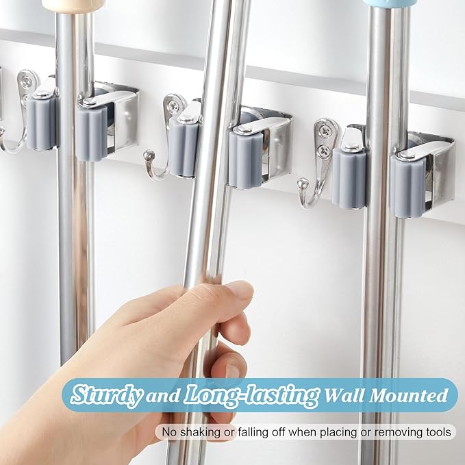 White Broom Holder Wall Mount - Heavy Duty Wood Mop and Broom Organizer with 5 Slots & 4 Hooks - Garden Tool Hanger for Laundry Room Closet Kitchen Garage Storage and Organization - Modern Home Decor-NeatNest