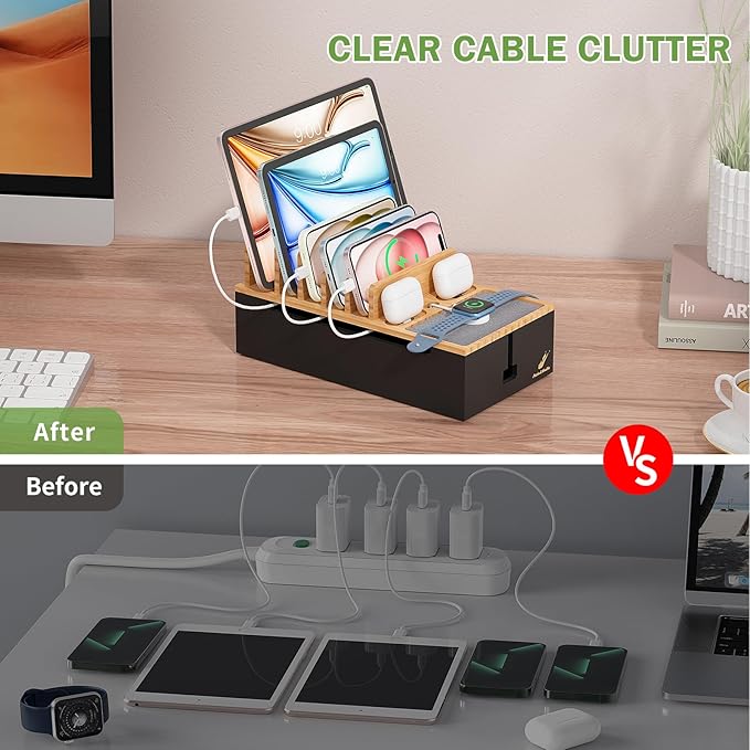 Pezin & Hulin Cord Organizer Box, Surge Protector Organizer, Device Charger Station for Phones & Tablets, Wood Charging Dock -with 6 Wire Cables, BUT NO Power Supply - Natural + Black