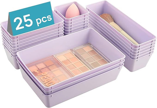 Vtopmart 25 PCS Plastic Drawer Organizers Set, 4-Size Versatile Bathroom and Vanity Drawer Organizer Trays, Storage Bins for Makeup, Bedroom, Kitchen Gadgets Utensils and Office-NeatNest