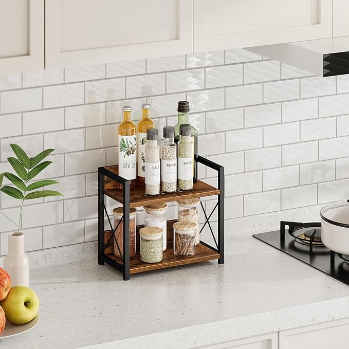 Giikin Countertop Shelf Organizer, 2 Tier Kitchen Spice Rack for Countertop, Wood Coffee Counter Shelf Organizer for Home (Brown, S)-NeatNest