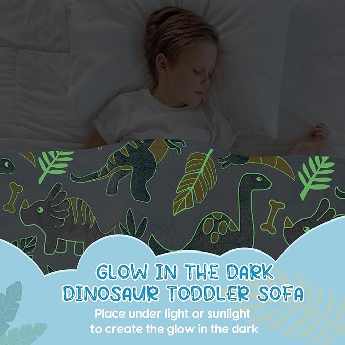 Comfy Toddler Chair and Couch for Kids with Blanket,2-in-1 Soft Plush Fold Out Toddler Couch for Girls and Boys,Convertible Sofa to Lounger for Playroom,Glowing Dinosaur-NeatNest