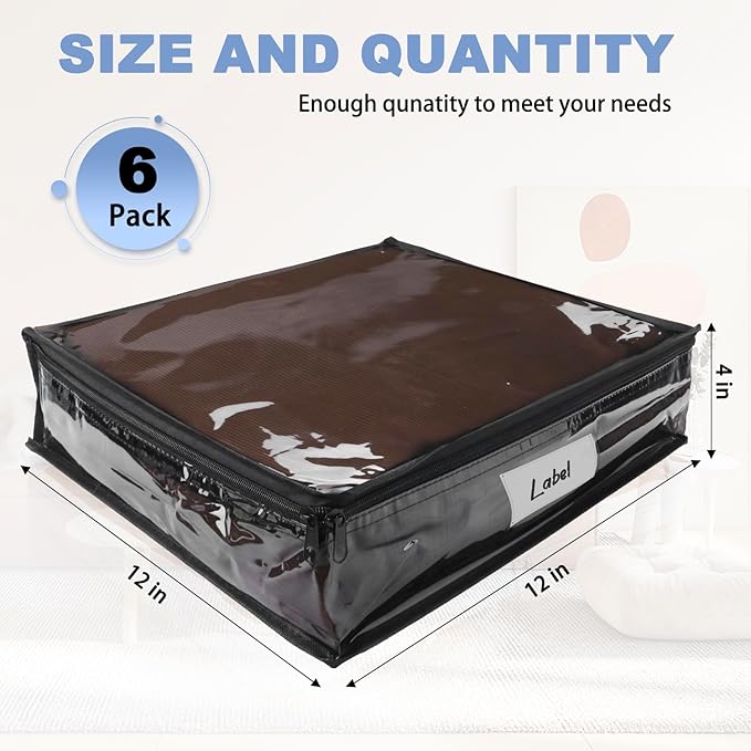 Clear Zippered Storage Bags Plastic Sweater Storage Bags with Zipper 6 Packs Clothing Organizer for Blankets Linen Sweater Bed Sheet Quilt Clothes Pillow (12 x 12 x 4 Inch, Black)-NeatNest