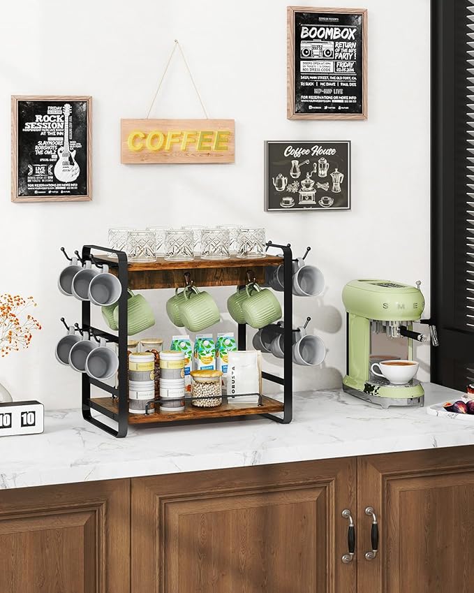 IBUYKE Coffee Bar Station Countertop Organizer,2 Tier Kitchen Mug Cup Holder Stand,Wooden Coffee Mug Organizer with 18 Hooks,Multifunctional Mug Tree for Home Kitchen, Office,Vintage Brown UTBJ006H-NeatNest