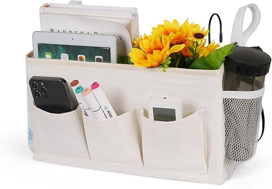 Bedside Storage Caddy/Bedside Hanging Storage Bag for Headboards Bunk Beds Dorm Rooms Book Phone Magazine Holder (New White)-NeatNest