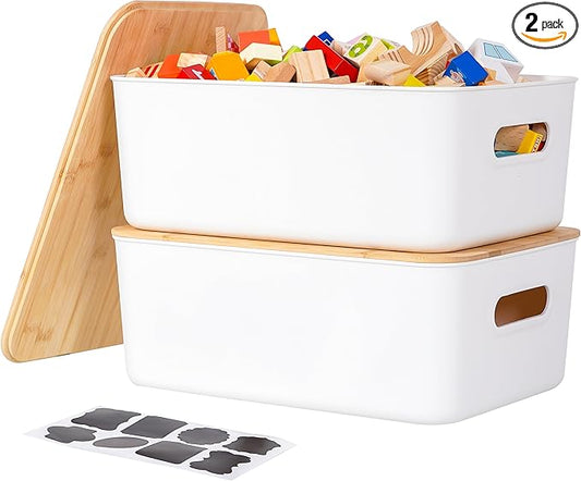 Citylife 2 PCS Storage Bins with Bamboo Lids Plastic Storage Containers for Organizing Stackable Storage Box with Handle, 15.16 x 10.79 x 5.83 inch-NeatNest