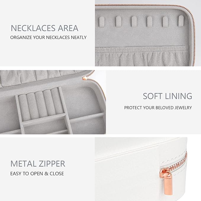 Jewelry Box Small Jewelry Boxes, PU Leather Portable Travel Jewelry Case, Large Capacity for Rings Earrings Necklaces Bracelets Watch, White C-NeatNest