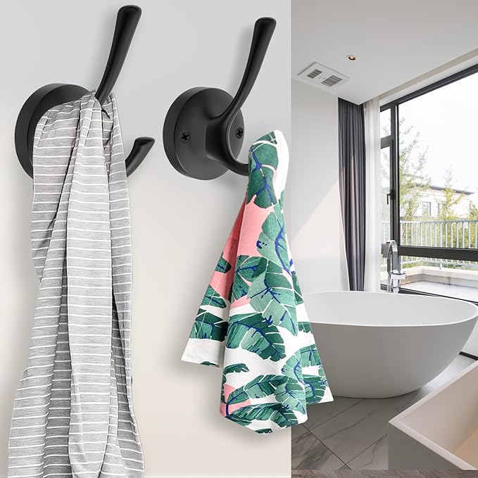Black Towel Hooks, 2 Pack Coat Robe Hook Heavy Duty Metal Double Bathrobe Hook Wall Mounted, Hand Towels Hooks for Cubicle Bathroom Kitchen Closet Garage-NeatNest