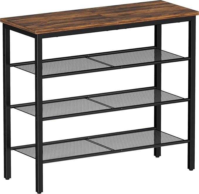 Shoe Rack, 4-Tier Shoe Storage Organizer with 3 Metal Mesh Shelves for 12-16 Pairs, Free Standing Shoe Racks, for Entryway, Hallway, Closet, Dorm Room, Industrial, Rustic Brown-NeatNest