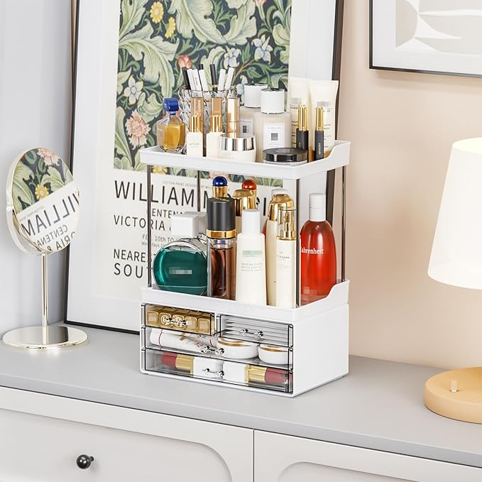 Yieach Bathroom Counter Organizers and Storage,White Acrylic Makeup Organizers with Drawers for Vanity,Bedroom,Plastic Skincare Organizer for Dresser Top Beauty,Cosmetic,Lotion and Perfume Organizer-NeatNest