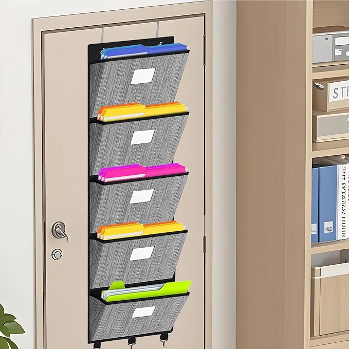 homyfort Over the Door File Organizer, Hanging File Folders, Wall Organizers and Storage for Mail, Magazine, Notebooks, Planners, Office, Classroom, 5 Extra Large Pockets, 50.39” Tall (Black)-NeatNest
