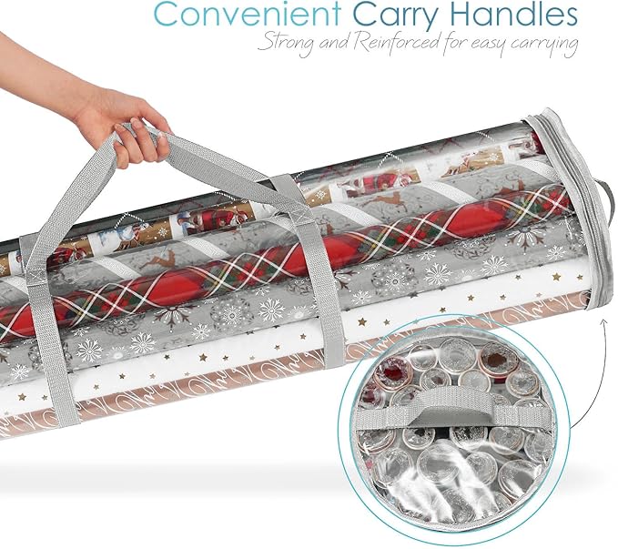 Hearth & Harbor Wrapping Paper Storage Container and Clear Wrap Paper Holder - Christmas Storage Bag with Interior Pockets - Fits Up to 36 Rolls of 40" - Tear Proof, Silver-NeatNest