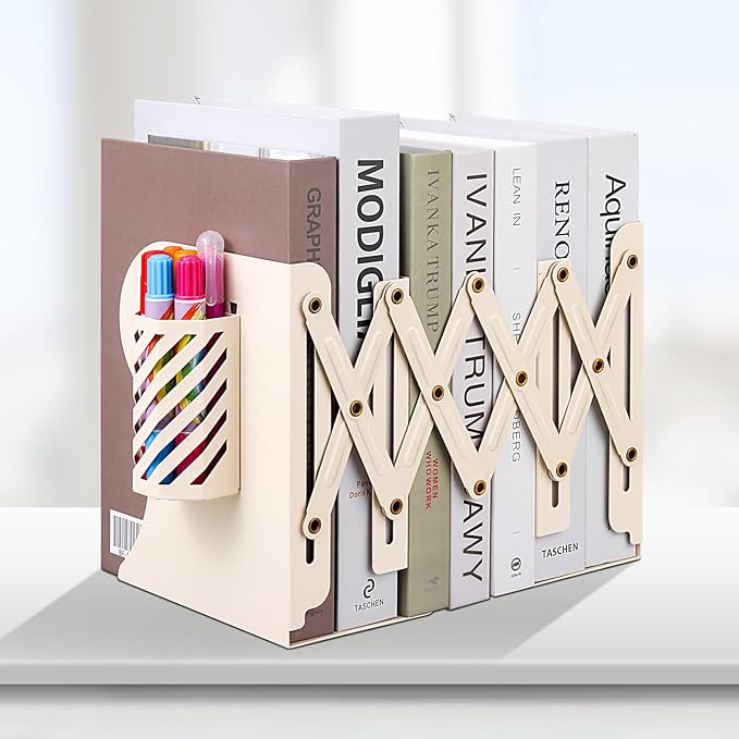 Honagu Adjustable Bookends, Metal Book Ends for Shelves Heavy Book, Desk Magazine File Organizer for Home, Office, Books, Papers, Extends up to 19 inches with Pen Holder (Beige)