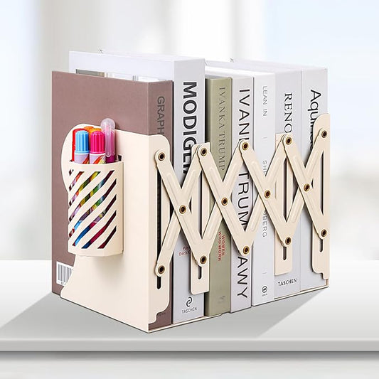 Honagu Adjustable Bookends, Metal Book Ends for Shelves Heavy Book, Desk Magazine File Organizer for Home, Office, Books, Papers, Extends up to 19 inches with Pen Holder (Beige)