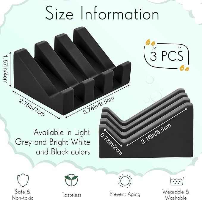 Cunhill 3 Pieces Silicone Soap Dish Self Draining Soap Dish Shower Waterfall Bar Soap Holder Tray with Drain Soap Saver for Kitchen Bathroom Accessories (Light Gray,Bright White,Black)-NeatNest
