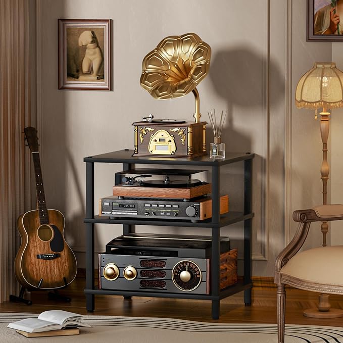 3-Tier AV Media Player Stand, Stereo Cabinet, Modern Stereo Cabine,Game Console Shelf,Wooden TV Stand,Multifunctional Entertainment Center, Suitable for Home, Conference Room, Game Studio,Black-NeatNest