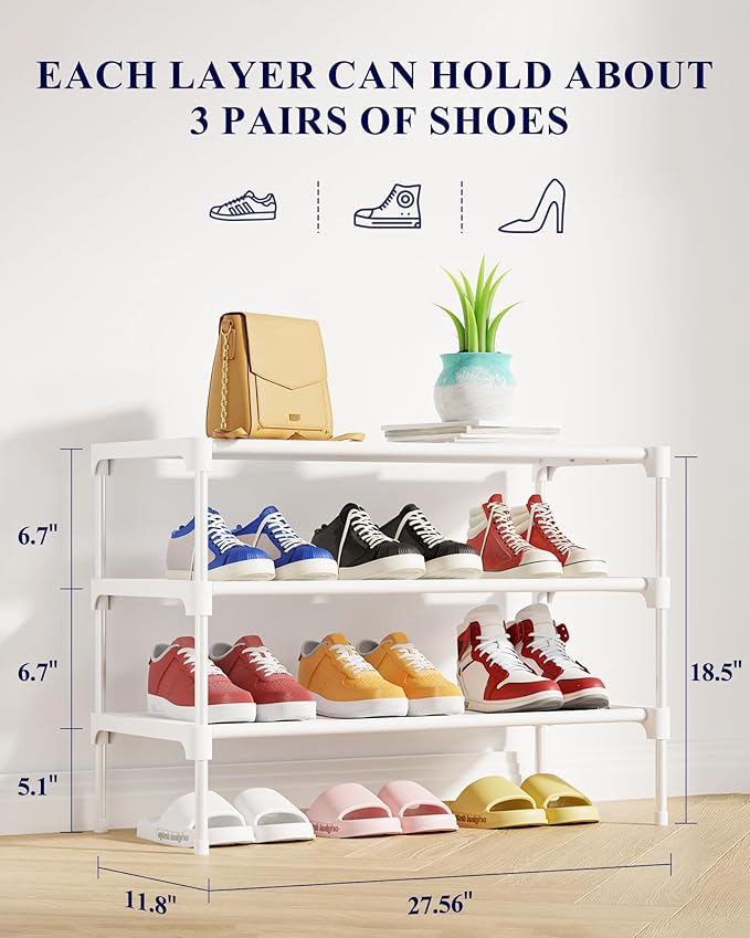 Kitsure Shoe Rack - Non-Woven Shoe Rack Shelf, Shoe Organizer for Closet, Entryway, Garage & Corridor, Stackable Shoe Shelves, Medium, White