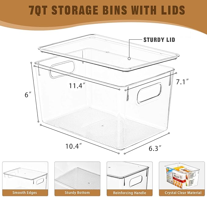 12 Pack Clear Storage Bins with Lids, 7 Quart Stackable Storage Boxes for Storage and Organization, Plastic Storage Containers with Lids, Plastic Bins with Handles for Office, Bedroom, Study Room-NeatNest