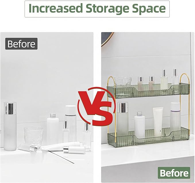 YCIA&DONE 2 Tiers Narrow Vanity Makeup Organizer, Bathroom Organizers Countertop Slim, Perfume Holder Skincare Storage Cosmetic Shelf Spice Rack, for Small Desktop Counter Space, Vintage Green-NeatNest