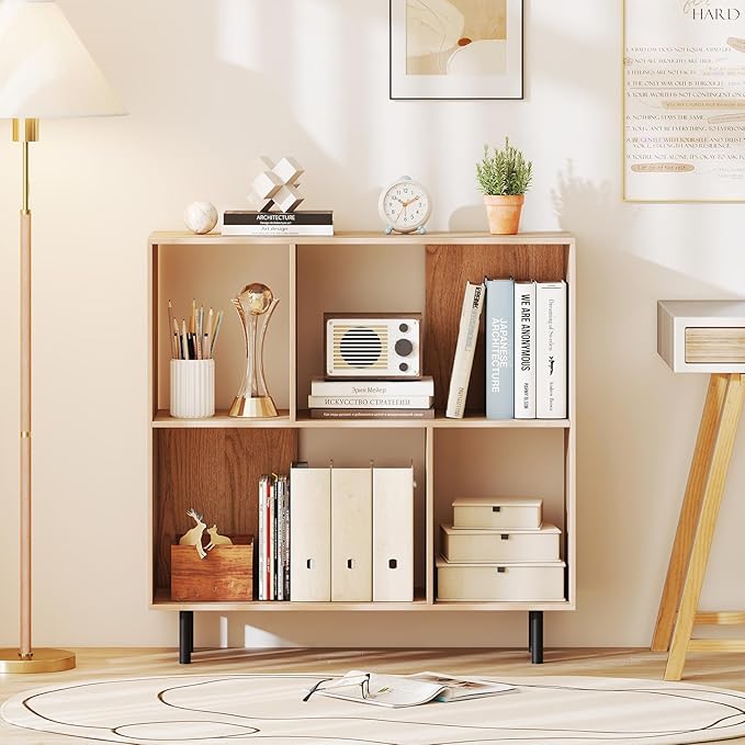 4 Cube Bookcase, Wood Storage Organizer with 4 Metal Legs, Bookshelf with Storage, Cubical Storage Shelf, Wooden Book Shelf, Display Shelves for Bedroom, Living Room, Entryway