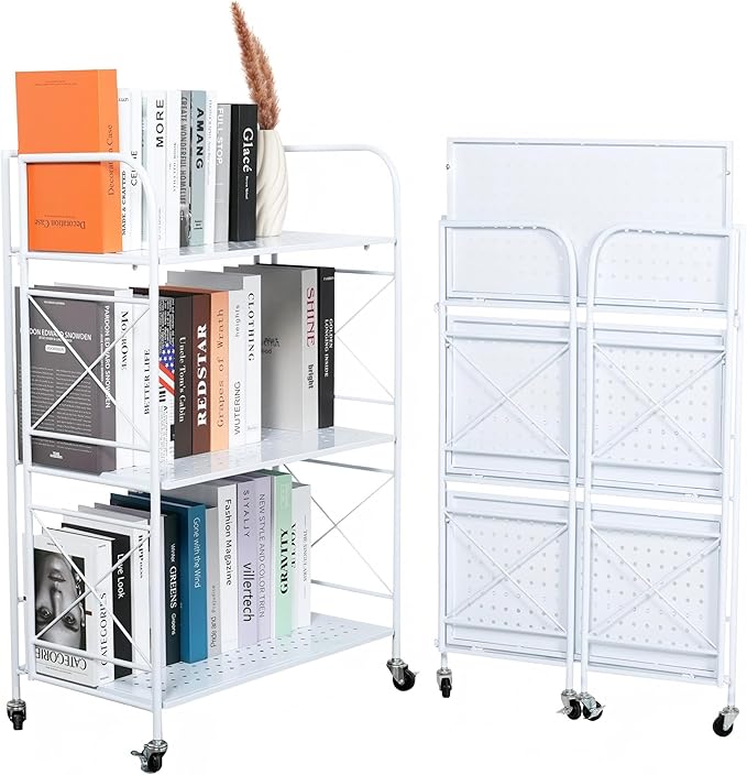 Foldable 3-Tier Metal Shelf with Wheels - Folding Bookshelf Unit for Living Room, Kitchen, Study 12.6" D x 23.6" W x 33.8" H, Glossy White