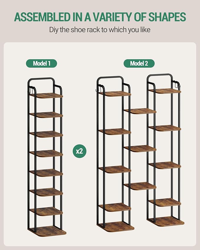 8 Tiers Vertical Shoe Rack, Narrow Shoe Tower, Tall Shoes Shelf with 2 Hooks, Adjustable Shelves, Corner Shoes Shelves for Small Spaces, Entryway, Living Room, Rustic Brown SR04301B-NeatNest