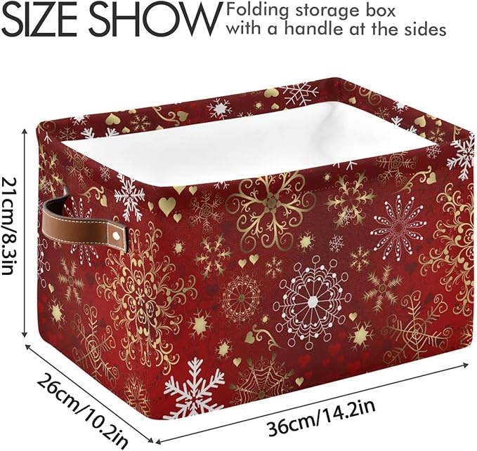 Christmas Red Seamless Pattern with Gold and White Snowflakes Storage Basket,Large Storage Bin Fabric Collapsible Organizer Bag with Handles 15x11x9.5 inch-NeatNest