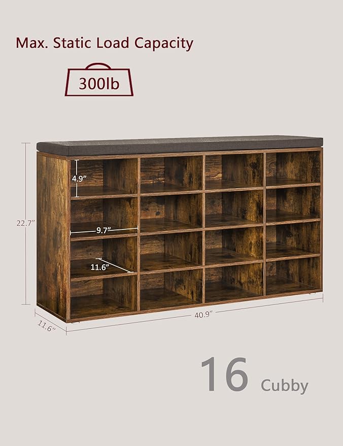 DINZI LVJ Shoe Storage Bench with Cushion, 16-Cubby Shoe Rack, Adjustable Shelves, Multifunctional Shoe Organizer Bench for Entryway, Mudroom, Hallway, Living Room, Bedroom and Garage, Rustic Brown-NeatNest
