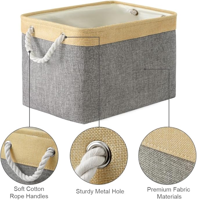TheWarmHome Storage Basket for Organizing - Fabric Large Cubes 3 Pack 16x12x12 inch Baskets, Cube Storage Bin for Shelves Organizer Closet Cloth Gift Toy (Gold & Grey)-NeatNest