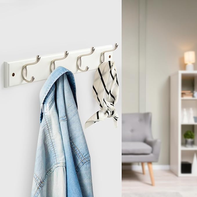 GlazieVault Coat Hooks Wall Mounted - MDF Board Nickel Hook Coat Rack(2 Pack) - Heavy Duty White -Coat Hooks for Wall Clothes Hooks and Wall Hooks-NeatNest