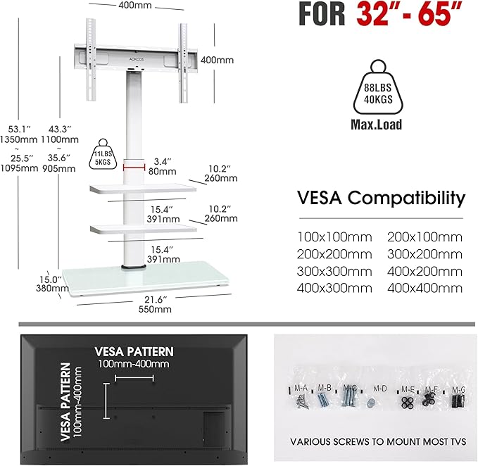 Floor TV Stand with 2 Shelves for 32-65" TVs, Swivel Floor TV Standing Stand with Tilting, 8 Level Height Adjustable Tall Stand for Living Room/Bedroom, Holds up to 88 lbs, MAX VESA 400x400mm-NeatNest