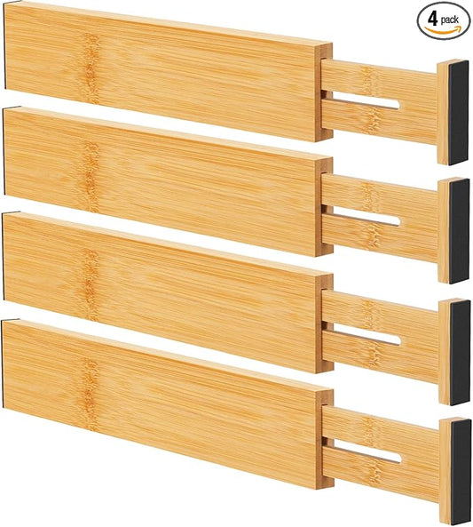Bamboo Drawer Dividers Organizers, Kitchen Drawer Organizer, Adjustable Drawer Divider for Clothes, Kitchen, Dresser, Bedroom, Bathroom and Office, 4-Pack (Natural, 12-17 IN)-NeatNest