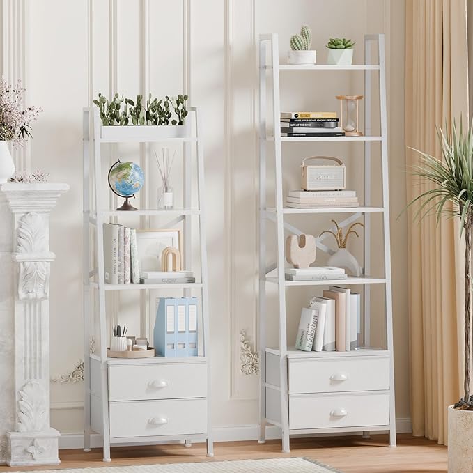 Furologee 4-Tier Ladder Shelf,Small Bookshelf with 2 Drawers,Vertical Bookcase Storage Rack Organizer,Rustic Bookshelves for Living Room,Bedroom,Bathroom,Home Office,Kitchen,White