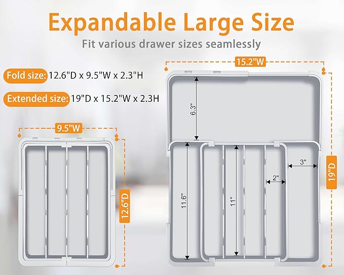 Homecor Kitchen Drawer Organizer, Expandable Silverware Drawer Organizer, Adjustable Utensil Organizer Tray, Cutlery Organizer for Forks, Knives, Kitchen Organizers and Storage, Grey-NeatNest
