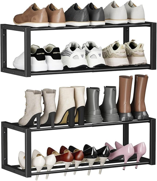 Homeiju Hanging Shoe Organizer,2 Pack Wall Mounted Shoe Rack Holds 12 Pairs,Space Saving Metal Wall Shoe Rack,Hanging Shoe Rack Shoe Holder for Small Space,Entryway,Closet,RV,Camper（Black-NeatNest