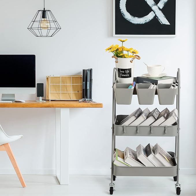danpinera 3-Tier Rolling Cart, Metal Rolling Storage Cart with Lockable Wheels & Hanging Cups & Hooks, Mobile Trolley Cart for Kitchen, Bathroom, Office, Workshop, Gray-NeatNest