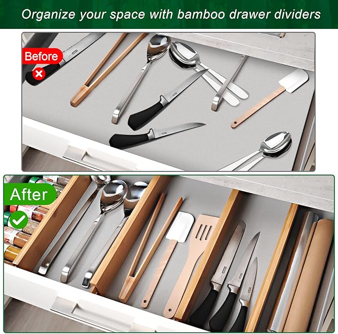 4 Pack Bamboo Drawer Dividers, Adjustable Length from 12 Inch to 17 Inch, Expandable Kitchen Drawer Organizer, Drawer Organization Separators for Clothes, Kitchen, Bedroom, Dresser, Office (Beige)-NeatNest