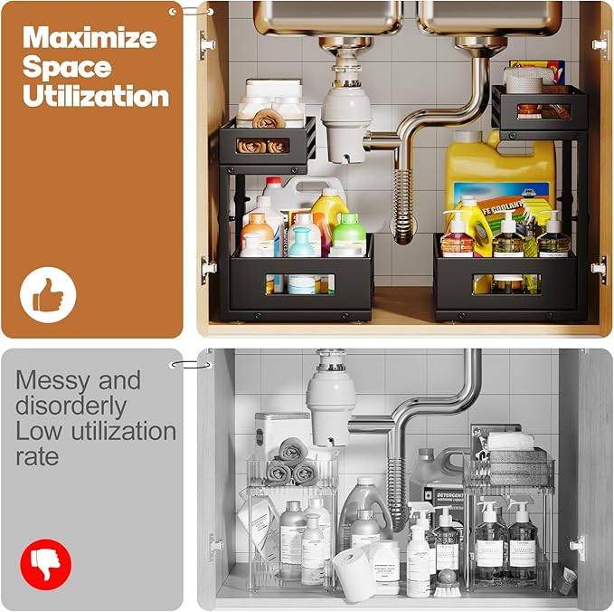 1-Pack Under Sink Organizers and Storage,2-Tier L Shape Pull Out Cabinet Organizer With Round Tube Slide Rails,Hight Adjustable Slide Out Drawers for Kitchen&Bathroom,Multi-Purpose Storage Shelf-Black-NeatNest