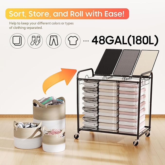180L (47.55 Gal) Laundry Sorter 3 Section, Rolling Laundry Basket with Lockable Wheels and Lid, Laundry Hamper with 3 Separated Removable Bags Dirty Clothes Hamper for Laundry Room, Multicolor-NeatNest
