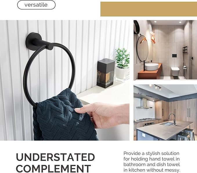 Towel Ring Matte Black, Angle Simple Stainless Steel Bathroom Hand Towel Rack, Wall Mounted Face Towel Holder