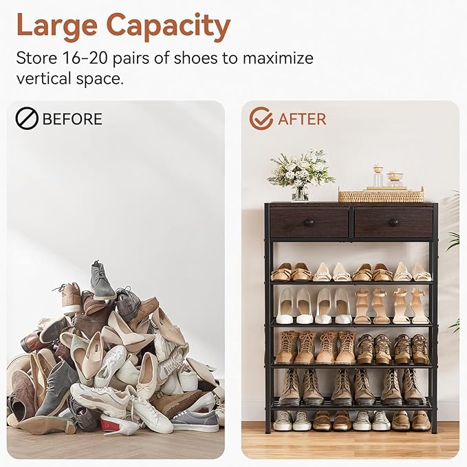 Shoe Rack for Entryway, 5 Tier Shoe Organizer with 2 Non-Woven Drawers, Metal Storage Shoe Shelf for 16-20 Pairs of Shoes, with Wooden Top and Steel Frame, Shoe Stand for Closet Dark Brown-NeatNest