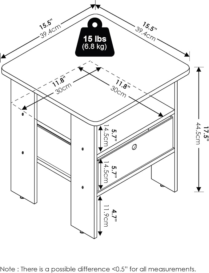 Furinno Andrey End Table Nightstand with Bin Drawer, White/Black