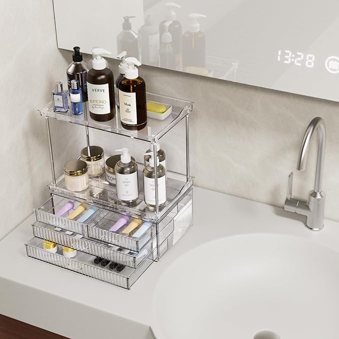Acina 2-Tier Bathroom Organizer Countertop: Multi-Purpose Makeup Organizer - Large Skincare Exquisite Vanity Organizer for Cosmetics, Perfume Amber Clear-NeatNest