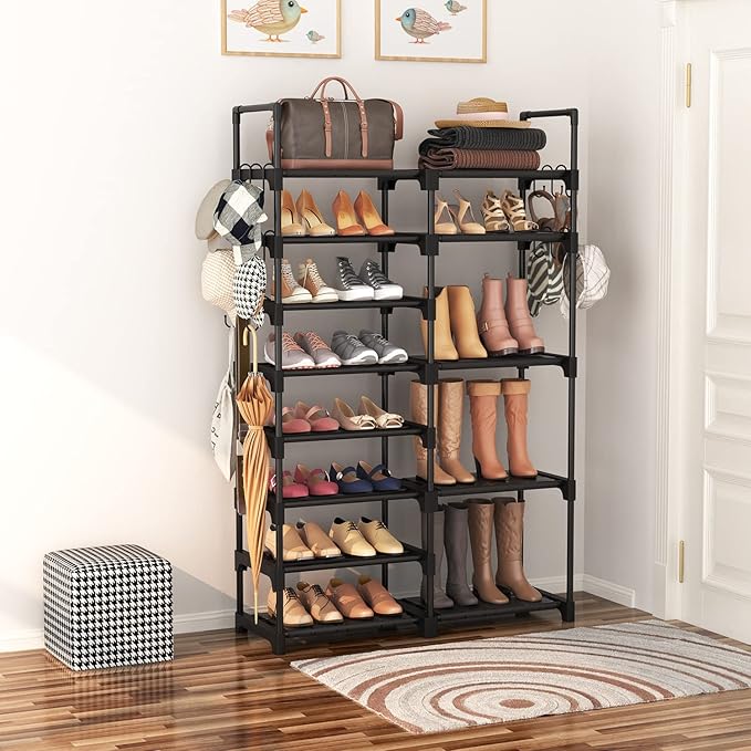 ROJASOP Shoe Rack Organizer, 8-Tier Metal Shoe Rack for Closet Entryway Garage, 26-32 Pairs Tall Shoe Boot Storage Shelf with 15 Hooks, Stackable Large Shoe Stand-NeatNest