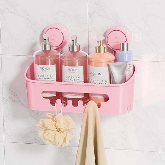 LEVERLOC Shower Caddy Suction Cup, Shower Organizer Removable Bathroom Shelf, Storage Suction Powerful Max Hold 22lbs Bathroom Caddy Waterproof Holder, Pink-NeatNest