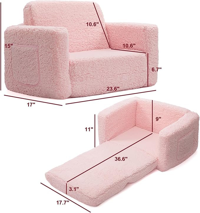 ALIMORDEN 2-in-1 Flip Out Cuddly Sherpa Toddler Couch Convertible Sofa to Lounger, Pink-NeatNest
