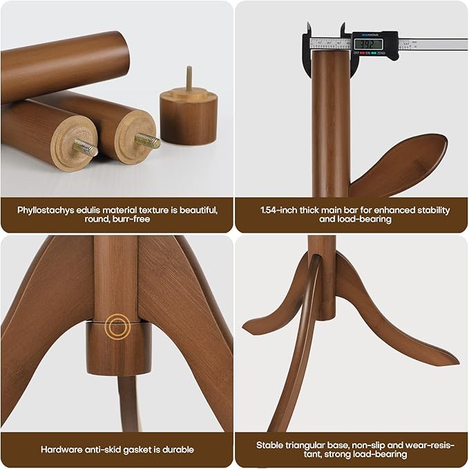 Coat Rack Freestanding Coat Tree Rack with 8 Leaf Hooks, 3-Size Height Adjustable for Adults and Younger, Clothes Hanger Stand for Jacket, Hat, Entryway, Hallway, Corner, Bedroom (Vintage Brown)-NeatNest