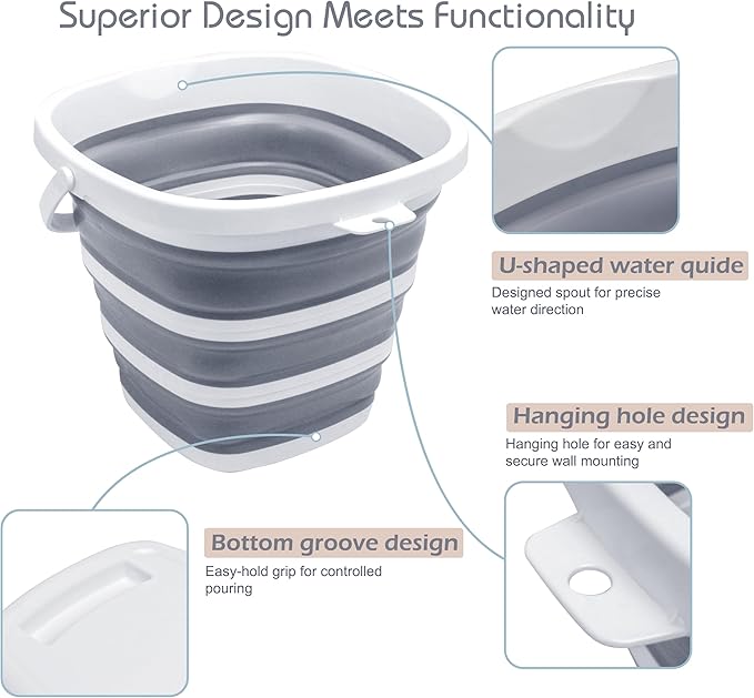 Collapsible Bucket, 2.6 Gallon (10L) - Square Foldable Mop Bucket for House Cleaning, Car Washing, Camping - Portable Water Pail for Outdoor, RV, Travel (Grey)-NeatNest