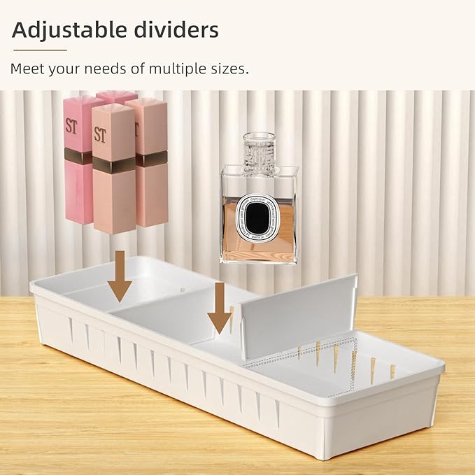 Desk Drawer Organizer Tray 4 PCS Plastic Office Drawer Organizer Bins Junk Organizer Divider with Non-Slip Silicone Pads, Makeup Vanity Organizer for Drawer, White-NeatNest