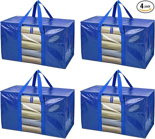 BALEINE 4-Pack Oversized Moving Bags with Reinforced Handles, Heavy-Duty Storage Tote Moving Supplies for Packaging, Camping (Blue w/Window, 4-Pack)-NeatNest